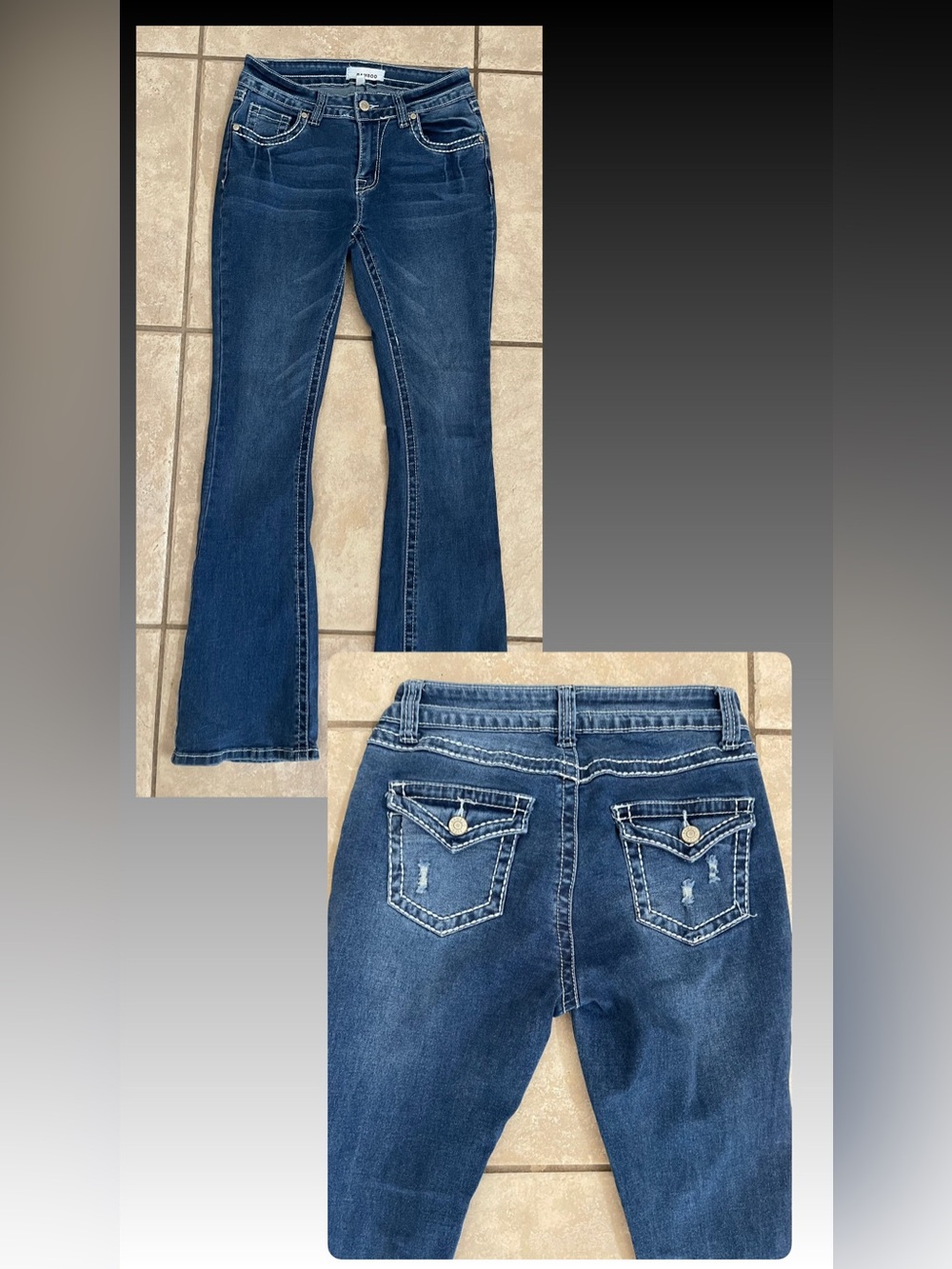BAMBOO Dark Wash Flare Jeans Thick Stitch Flap Pockets Y2K Boho, Size 7